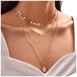 Cimenexe Bohemian Layered Opal Disc Pendant Necklace Transparent Crystal Choker Necklace Teardrop Moonstone Necklace Chain Gold Peace Dove Necklace Choker Sequin Coin Choker Necklace Jewelry