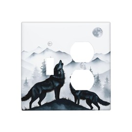 Spshian Light Switch Cover Plate Black White Ink Forest Wolf Moon Mountain 2 Gang Switch Plate Covers 1 Toggle Duplex Combo Wall Plates GFCI Switch Plates and Outlet Covers for Bathroom Bedroom Decor