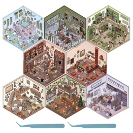 8 Pieces DIY 3D House Stickers, 3D Miniature House Stickers, DIY Stickers, Sticker Scenes DIY from Supermarket, Cafe, Restaurant for Adults and Children (8 Pieces, C)