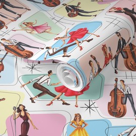 Removable Wallpaper Swatch - Rockabilly Rock and Roll Jazz Music Swing Midcentury Retro Vintage Custom Pre-Pasted Wallpaper by Spoonflower