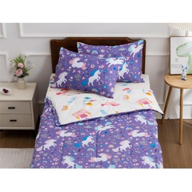 Meeting Story 3pcs Kids Comforter Sets Zipper Bedding Set for Girls,Full Kid Bedding Set Rainbow Comforter Unicorn Bedding Set for Kid,All in one Zipper Bedding(Purple,Full)