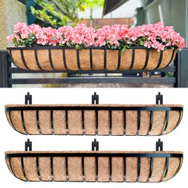 LaLaGreen Deck Railing Planters (48 Inch, 2 Pack) Extra Large Rectangular Railings Flower Box with Coco Liner, Black Metal Bracket Balcony Hanging Planter for Outdoor Plants Over Rail Fence Porch