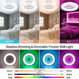 SOGOTING 24" Low Profile Ceiling Fan with RGB Lights, Bladeless Ceiling Fan with Remote/APP/Voice Control, 6 Speeds Flush Mount Smart Ceiling Fan for Bedroom