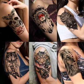 COKTAK 46 Sheets Large Dragon Lion Temporary Tattoos For Men Adults, 3D Realistic Tiger Wolf Owl Flower Fake Tattoos Sleeve For Women Thigh Arm Face, Bulk Kids Small Finger Butterfly Tatoos Sticker