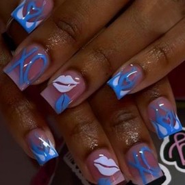 24 Pcs Valentines Press on Nails Short Square Shaped Fake Nails with Lip Kiss Design Blue Letter False Nails Glossy Valentine's Nails Full Cover Acrylic Nails Stick on Nails for Women Nail Art