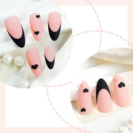 24Pcs Medium Almond Valentines Press on Nails Black Love Heart Stick on Nails Glossy White French False Nails Gold Curve Line Acrylic Fake Nail Romantic Gift Gel Glue on Nails for Coquette Women Girls