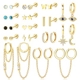 JeweBella 15Paar Kleine Ohrringe Set Damen Hypoallergen Medizinische Ohrstecker Creolen Hängende mit Kette Chirurgenstahl Knorpel Helix Piercing Ohrringe Set für Mehrere Ohrlöcher Frauen Gold/Silber