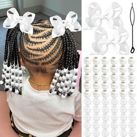 NAISKA Kit de 62 cuentas blancas para cabello, pinzas para el cabello con lazo grande, cuentas de poni transparentes, joyería para trenzas, conjuntos de accesorios para cabello blanco para niñas.