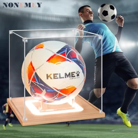 NONEMEY Soccer Display Case with Light, UV Protected Acrylic Soccer Box Full Size with Wood Base, Soccer Display for Autographed Ball Memorabilia Soccer Gifts