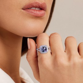 RANDES June Birthstone Rings 925 Sterling Silver Alexandrite Purple Rings for Women Cushion Shaped Birth Stone Ring Size 10