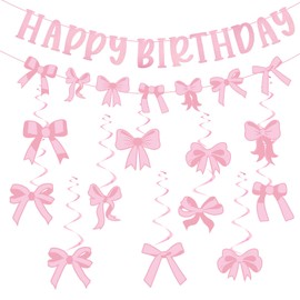 Gosknor Pink Bow Happy Birthday Banner, Coquette Birthday Decorations with Hanging Swirls Pink Bow Garland Banner Girls Baby Shower Decorations for Girls Baby Shower Party Decor