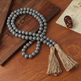 Wood Bead Garland 58 Inch Grey Wooden Beads for Boho Farmhouse Table Home Decor with Tassel, Wooden Prayer Bead, Rustic Country Boho Wall Hanging Decor for Kitchen Modern Living Room Tray Vase Shelf