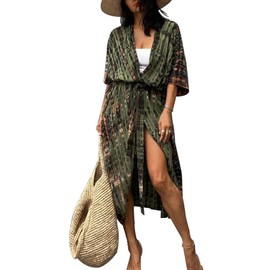 Long Beach Dress for Women, Women's Loose Summer Pareos, Maxi Beach Dress, Boho Kimono, Long Beach Cardigan, Beachwear, Front Open Flowers Blouse, Bikini Cover-Up, One Size, Military Green