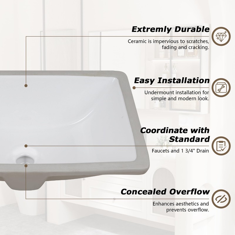 Lavie Craft Undermount Bathroom Sink,18" x 13" Rectangle Porcelain Finish