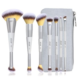 Jessup Set Brocha de Maquillaje 7pcs Brochas para Maquillaje Doble Punta, Pinceles Sintéticas para Base, Contorno, Rubor, Iluminador, Cejas y Sombras con Bolsa, Quiet Gray T520