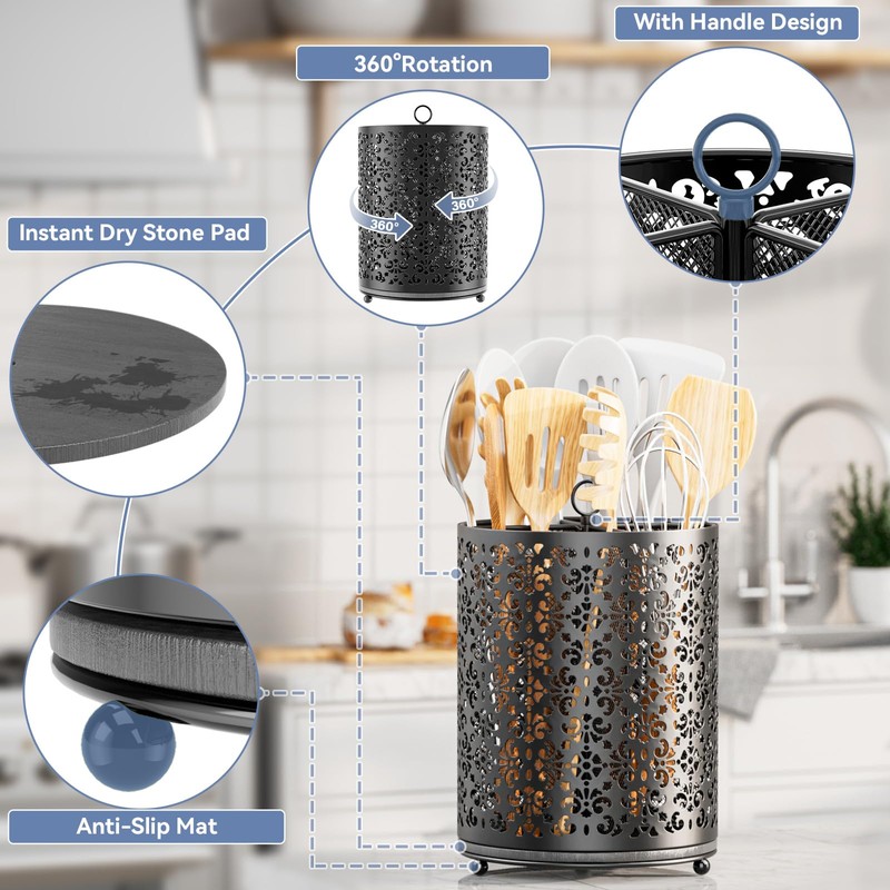 YIUKEA 360° Rotating Utensil Holder - Extra Large Cooking Utensils