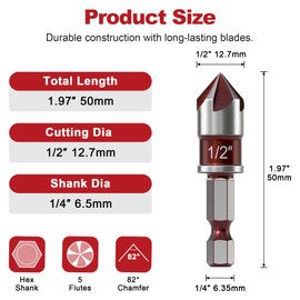 APIOLO Countersink Drill Bit-82 Degree, 5 Flutes High Speed Steel Countersink Bits, with 1/4 Inch Quick-Change Hex Shank, 1/2 Inch Sizes, for Metal, Wood, Plywood, Plastic