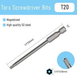 FOCMKEAS 5PCS T20 Magnetic Tamper Proof Torx Screwdriver Bits, 1/4 Inch Hex Shank 5.9 Inch Length S2 Steel Security Drill Torx Head Drill Screw Driver Tools(150mm Long, Star 6 Point)