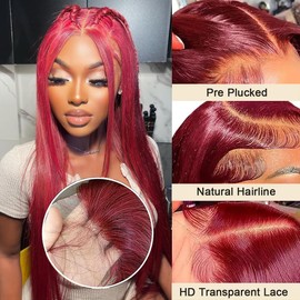 AUOU 13x4 Straight Lace Front Wigs Human Hair 26 Inch 200 Density 99j Burgundy Lace Front Wigs Human Hair Glueless Wig Pre Plucked Wine Red Colored Lace Frontal Wigs for Women