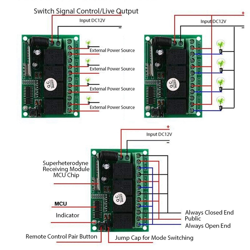 ASHATA Multifunctional Wireless Remote Switch, DC12 V 433 MHz 4-Way