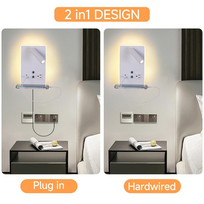 CNMYKYDS Wall Mounted Reading Light with Shelf - 3 Color
