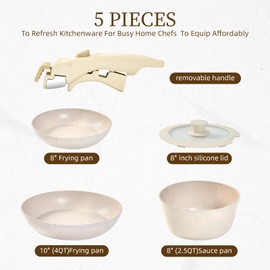 RATWIA 5pcs Pots and Pans Set, Nonstick Cookware Detachable/Removable Handle, Induction RV Kitchen Set, Oven Safe ＆ Dishwasher ＆ Heat Evenly for Better Cooking