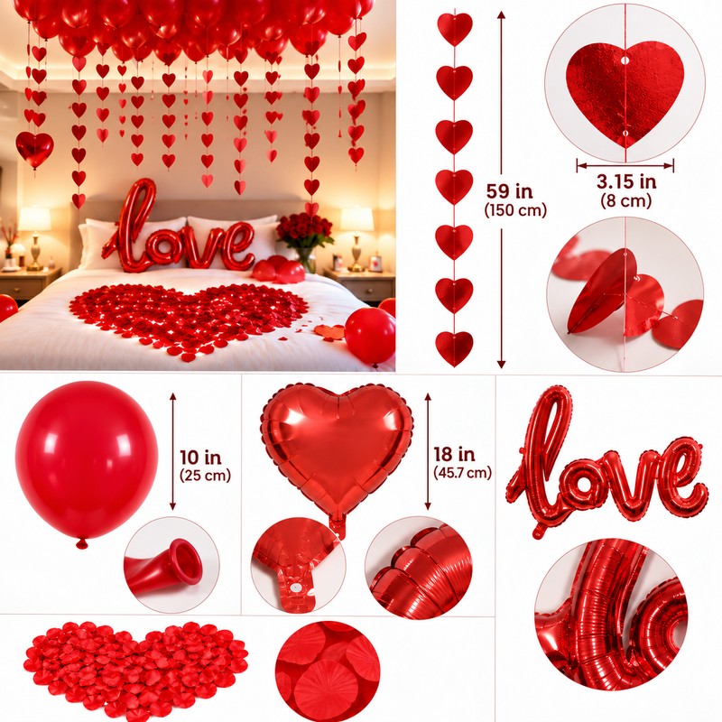 Romantic Red Heart Balloon Decoration Set with Hanging Heart Strands,