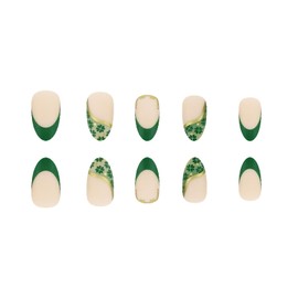 Green Clover Press on Nails Short Almond St. Patrick's Day Press on Nails with Green Shamrock French Tip Design Gold Edge False Nails St Patricks Glue on Nails Clover Stick on Nails for Women Girls