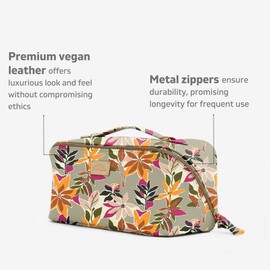 Travel Makeup Bag,Vanity Case,Large Capacity,Cosmetic Bag,Organizer with Divider,Vegan Leather,Open Flat Toiletry Bag,Metal Zippers,Gift Idea (Flowers)