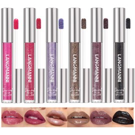 LANGMANNI 6 Colors Diamond Glitter Lip Gloss Set,Long Lasting High Shine Shimmer Liquid Lipstick Set,Hydrating,Moisturizing Lip Gloss Kit Gift Makeup For Girls(#05+06+07+08+09+10)