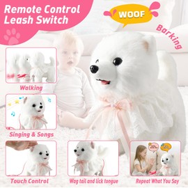 Walking Barking Singing Samoyed Puppy Toy, Repeats What You Say, Realistic Licking Tongue Wagging Tail Mechanical Dog with Touch or Voice Control, Interactive Music Dancing Plush Pet for Kids