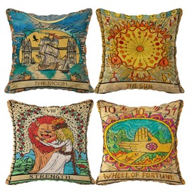 Tarot The Moon Sun Linen Throw Pillow Case, 18 x 18 Inch Set of 4, Daughter Sister Astrology Tarot Lovers Gifts, Mom, Gifts, Tarot Art Cushion Cover for Sofa Couch Bed Girl Room College Dorm