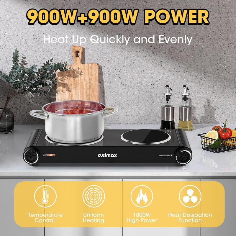 CUSIMAX Hot Plate,Portable Electric Stove Top Burner,1800W Double Infrared Cooktop