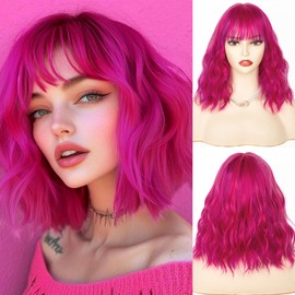 NAYOO Hot Pink Wig with Bangs, 14 Inch Hot Pink Bob Wig with Bangs for Women, Shoulder Length Short Pink Wigs, Hot Pink Wig with Bangs, Hot Pink and Purple Wig, Pink Short Wig Pink Cosplay Wig