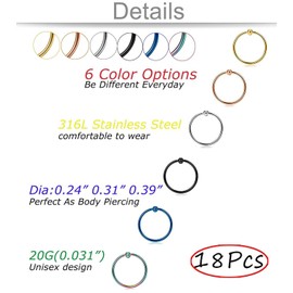 Subiceto 18Pcs 20G Stainless Steel Nose Ring Hoop Septum Ring Cartilage Helix Ear Piercing 6mm 8mm 10mm