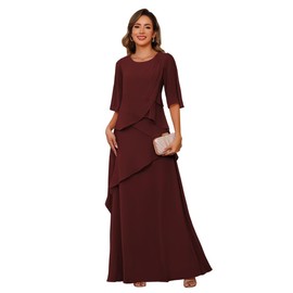 PUXIU Long Sleeve Chiffon Ruffles Mother of The Bride Dress Burgundy Crew Neck Plus Size Long Sleeve Wedding Party Formal Dress for Women 14