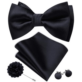 Barry.Wang - Pajaritas de moño preatadas para hombre, ajustable, color sólido, con gemelos, broche de gemelos, boda, fiesta, Satén negro, Talla única