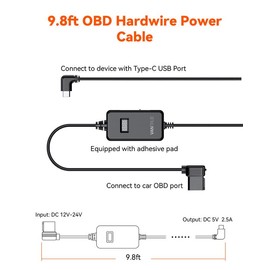 VANTRUE 10ft Type C USB LED Screen OBD Hardwire Power Cable, 3 Gear Shifting, Low Voltage Protection for Parking Mode, for E1 Pro,N4 Pro,N5,N4,S1 Pro,N2 Pro,N2X, E360/ACE, E1,E1 Lite,E2,E3 Dash Cam