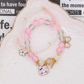 FourFine 4pcs Cute Couples Bracelets Keychains Set Elastic Stretch Lovely Cartoon Kawaii Beaded Gifts for Couples Friendship Bff (Pink - Purple)