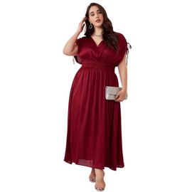 LapaPlus Plus Size Formal Dress for Women - 2025 Spring Pleated Satin Dress, Cocktail Party Maxi Dress Evening Gown Burgundy