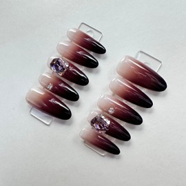 Handmade Press on Nails - Vividvibe Long Oval Fall and Winter Wine red gradient three-dimensional diamond,Re-usable andEco-friendly,Come with Glue Tabs,10 pcs(Wine red, L),Obsidian fade