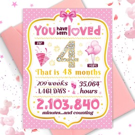 4th Birthday Card TSVATE 4 year Old Girl Birthday Gifts, Sweet 4 year Old Birthday Card, Birthday Gifts for 4 year Old Girls Daughter Niece Granddaughter Sister, 4th Birthday Decorations for Girl Pink