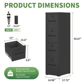 VIYET File Cabinet 4 Drawer with Lock, Vertical Filing Cabinets for Home Office, Metal Steel Storage Cabinet for Letter/Legal Size File, Assembly Required(Black)