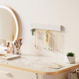 Lolalet Wooden Necklace Holder for Wall with 15 Hooks, Necklaces Hanger Easy Install Wall Mount Necklace Organizer, Jewelry Hangers for Chains, Bracelets, Earrings -Goldwhite