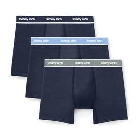 Tommy John Men's Essential Cool Cotton Stretch Boxer Brief Underwear - 6" 3-Pack, Breathable, Moisture-Wicking, Support Pouch (Dress Blues w/Dress Blues/Dutch Canal/Monument Waistband, Medium)