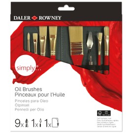 Daler-Rowney Simply Brush Set for Oil, Hard Synthetic Hair, Short Handle, Zipper Case, Assortment of 10 Brushes