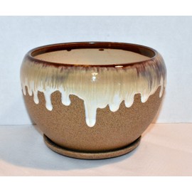 New 6.5" Khaki & Brown Speckle Raised Drip Edge Potbelly Planter Plant Pot & Saucer