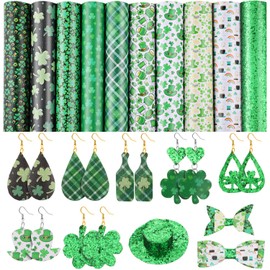 10 Pieces St. Patrick's Day Faux Leather Sheet Shamrock Leather Fabric Sheet Glitter Sequins Fabric Faux Leather Sheet for DIY Bows Earrings Making Crafts, 20 x 26 cm/ 7.9 x 10.2 Inches