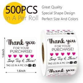 Thank You for Your Purchase Stickers Roll, Snap Tag Share Stickers, Square Review Stickers,Cute Heart Thank You Stickers,Handmade Stickers,Boutique Packaging Stickers