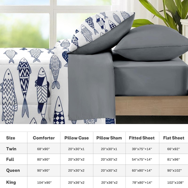 Nesker 5 Pcs Comforter Set Twin Size, Fish Nautical Blue